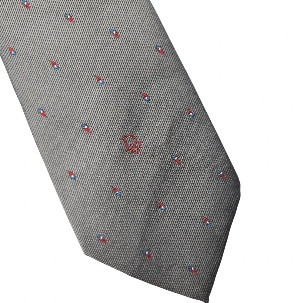 Christian Dior Tie Mens One Size Gray Skinny‎ Geometric Embroidered Silk